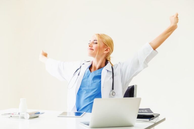 vet stretching at desk