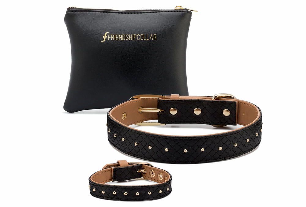 Fancy black leather collar and bracelet set