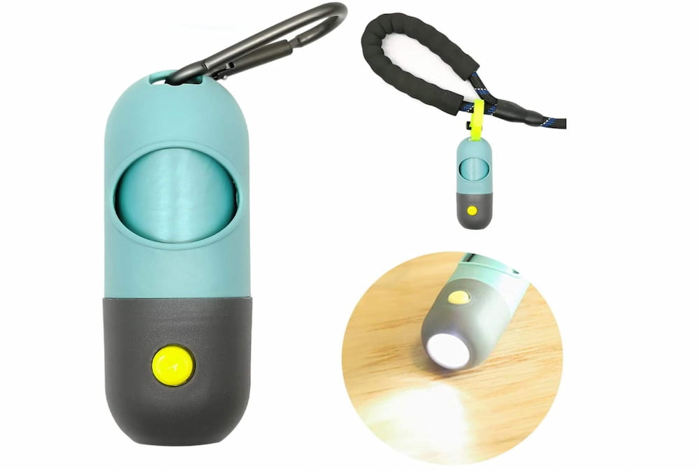 Dog waste bag dispenser with flashlight