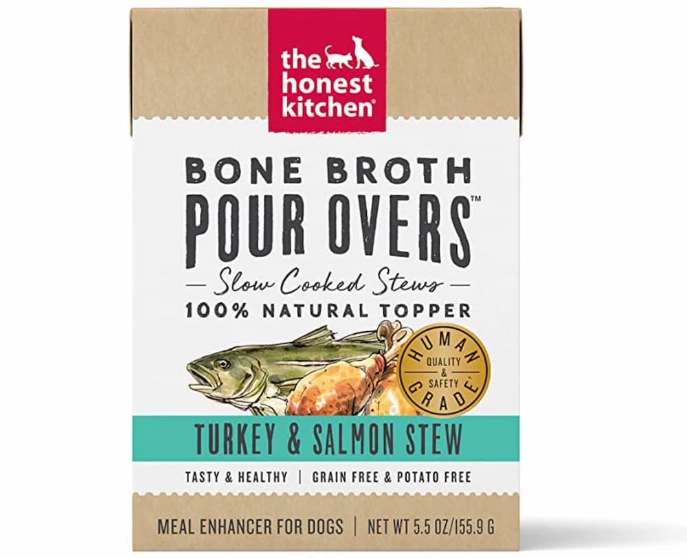 Dog food topper of bone broth