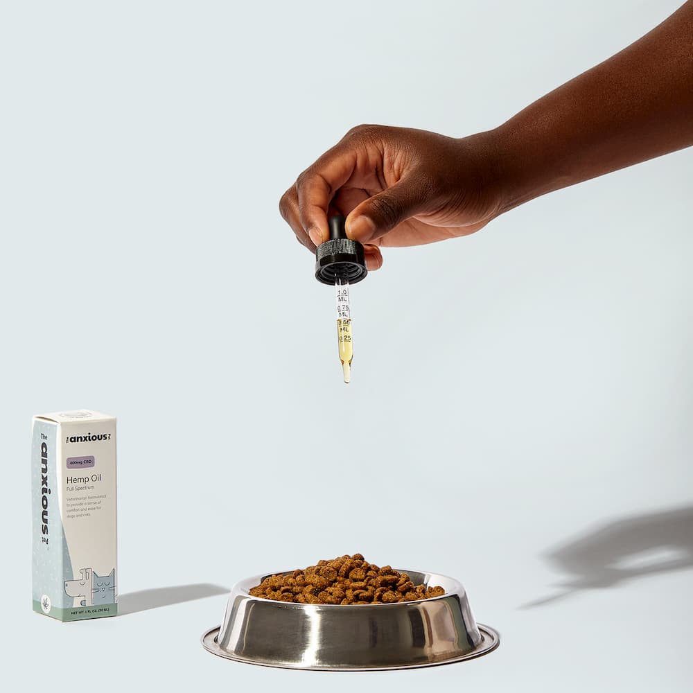 hand pouring CBD oil over dog food